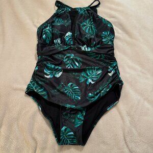 Tempt Me NWT One Piece Black Leaf Pattern Bathing Suit Size L
